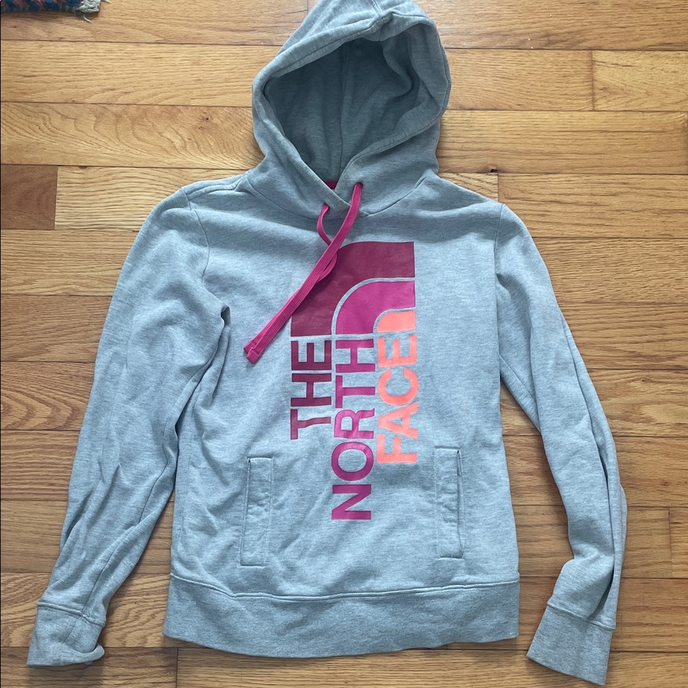 The North Face Light Gray Hoodie with Pink Accents
